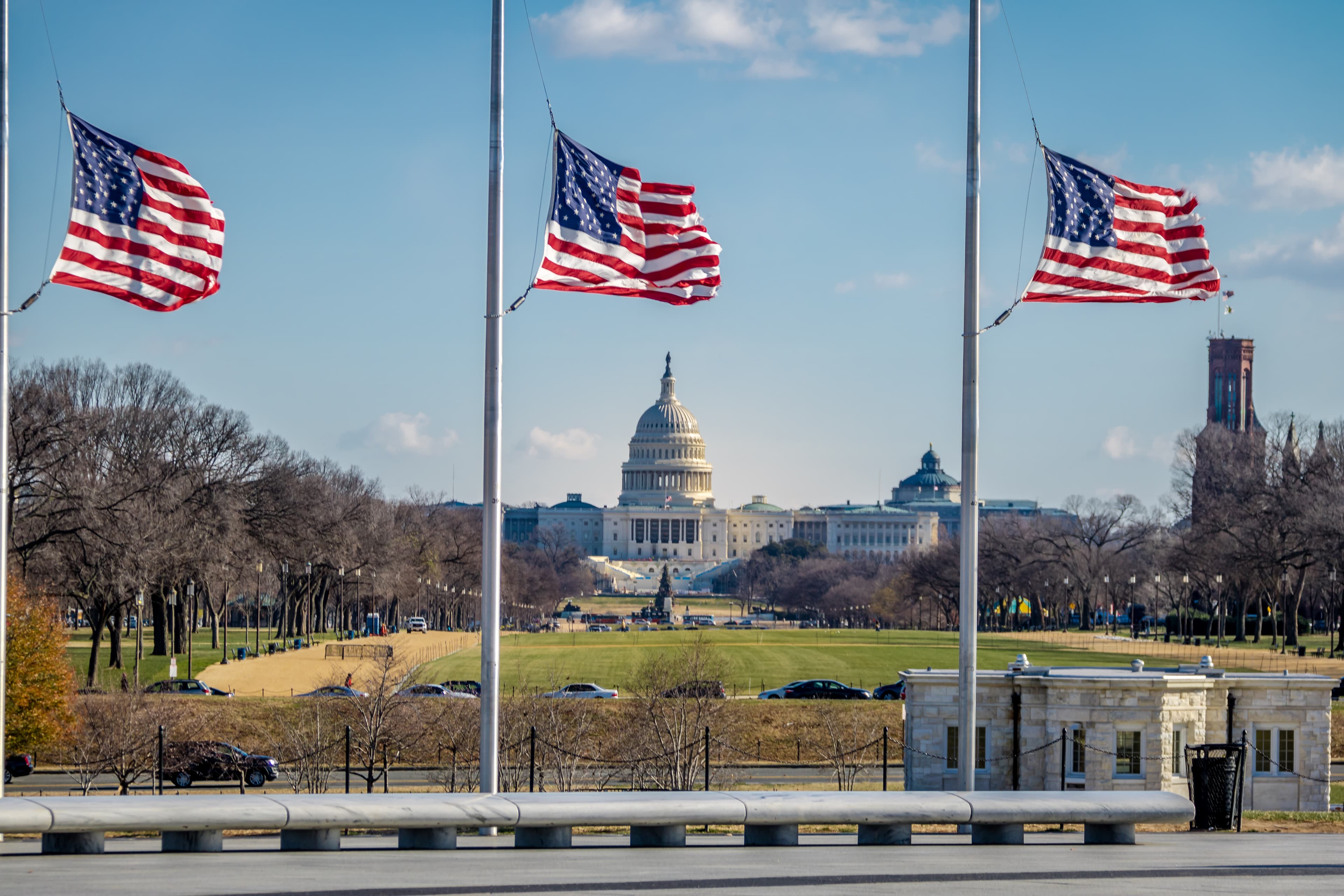US Capitol with flags